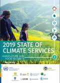 A woman and a young girl walk across a grassy hill with a terraced landscape in the background. Superimposed on top of them is a document title, "2019 state of climate services"