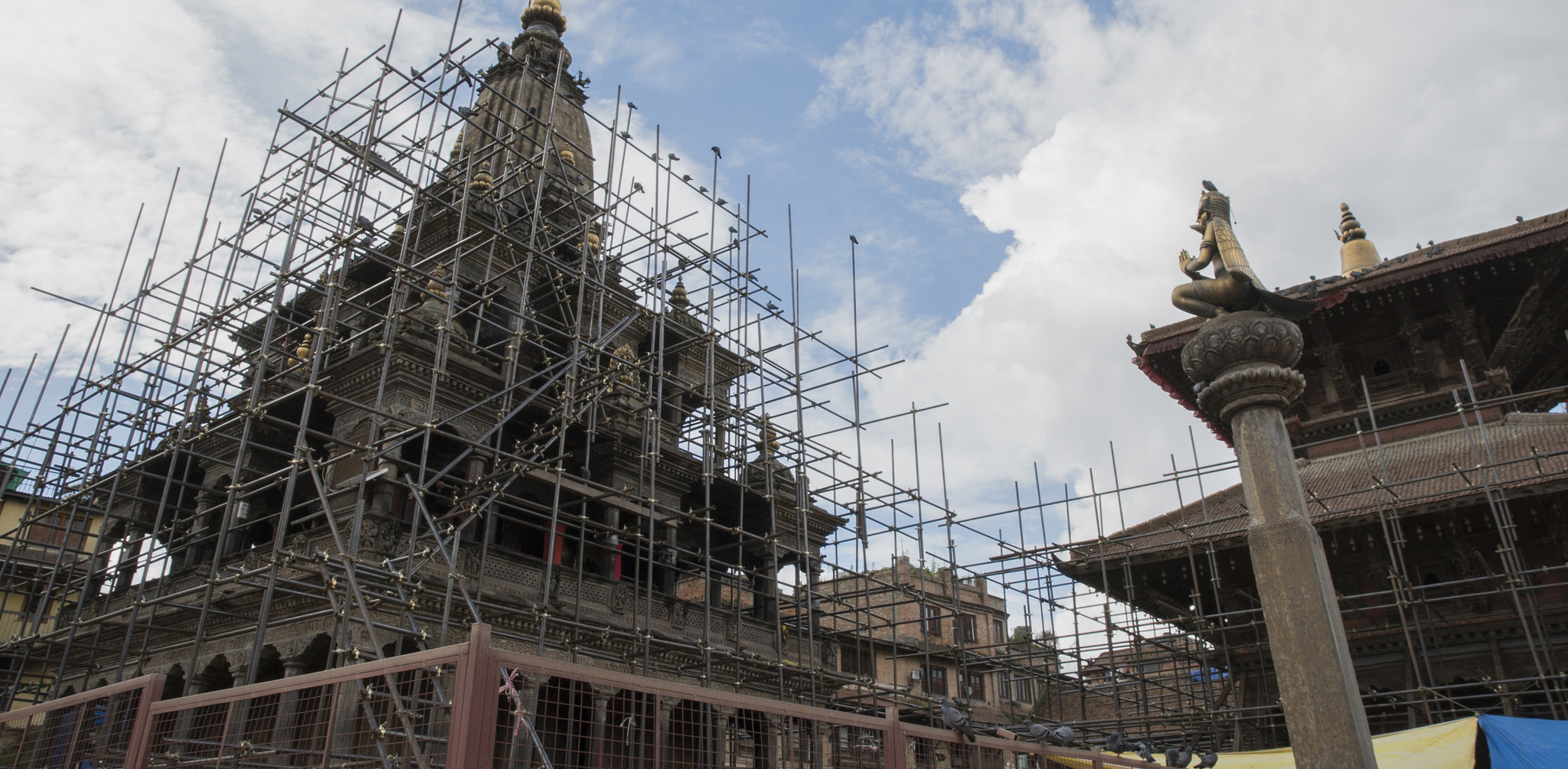 Scaffolding at the Patan Durbar Square in Lalitpur, Nepal. The April 2015 earthquake in Nepal damaged the square.
